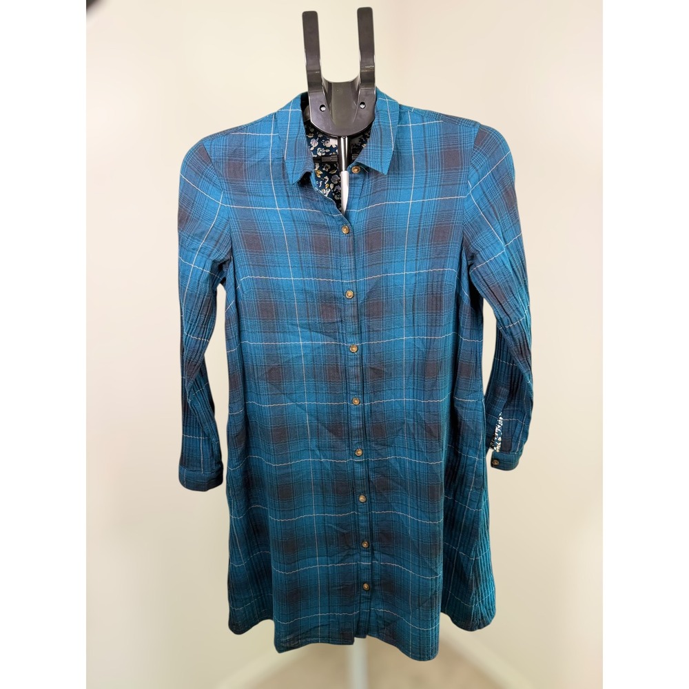 J. Jill Teal Blue Plaid Button Front Long Sleeve Shirtdress Tunic XS Petite‎